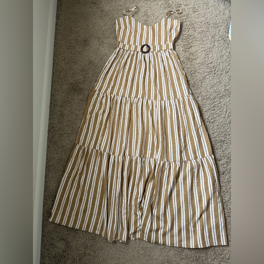 Windsor Tan and White Striped Maxi Dress with Belt
